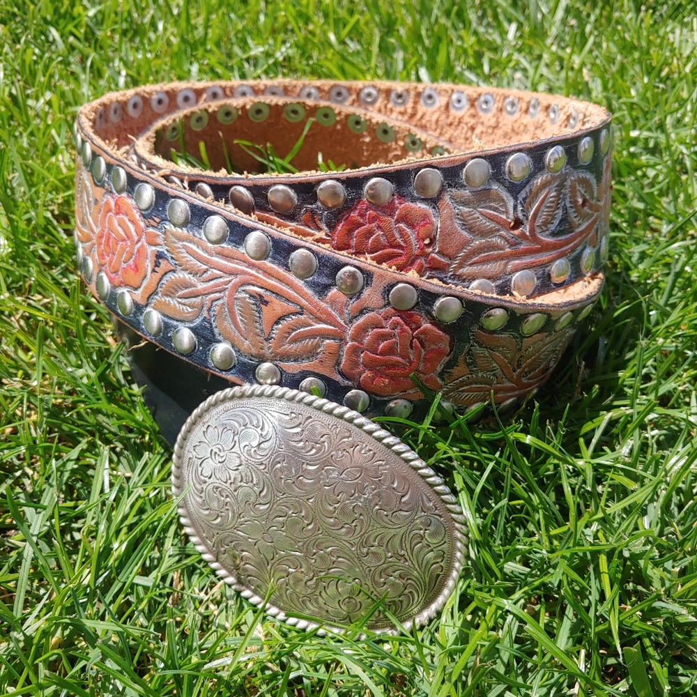 Streets Ahead Tooled Studded Leather Belt XL